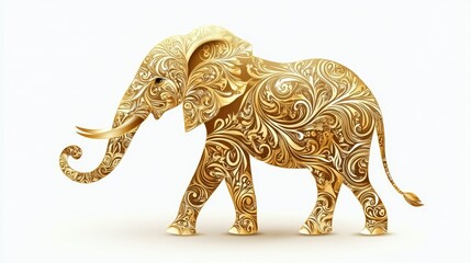 Fototapeta premium A regal golden elephant, detailed with elegant patterns, posed gracefully in vector art on a simple white background