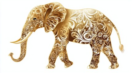 Fototapeta premium A regal golden elephant in vector art, detailed with elegant designs, standing gracefully on a clean white background