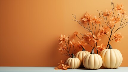 Autumn simple background with a pumpkins and fall leaves.