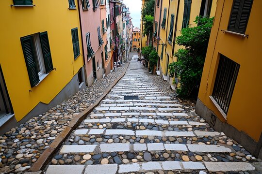 Caruggi, Genoa, a network of narrow medieval streets with colorful houses and traditional Italian charm