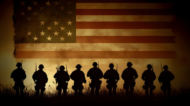 Silhouettes of Soldiers Standing in Front of American Flag