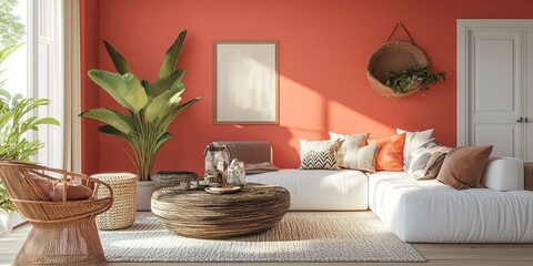 Cozy Family Room with Coral Walls, Engineered Flooring, and Stylish Seating