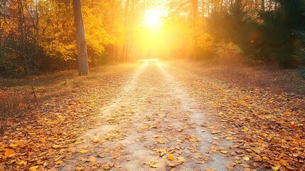 Fototapeta premium Golden Path Through Autumn Forest