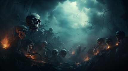Banner featuring skulls of the dead. Illustration of a scary scene with ghostly skulls in a mist.