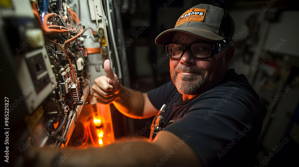 Poster smiling man in a workshop with electrical panel - realistic image