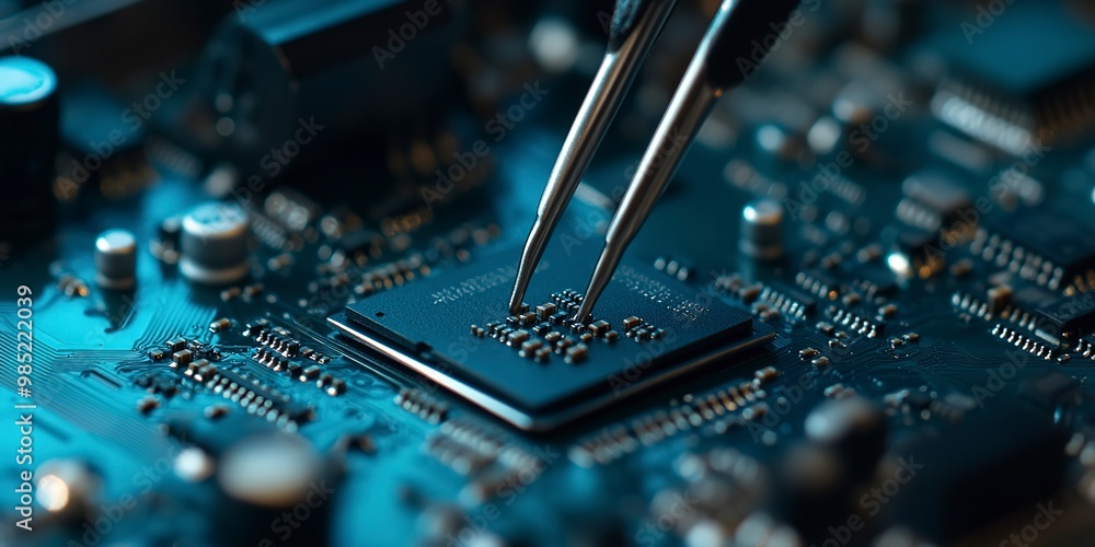 Poster close-up view of a installing the processor into the motherboard with tweezers. laptop repair and im