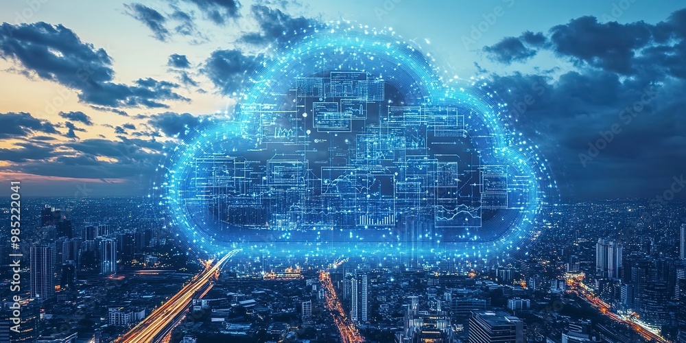 Poster cloud computing and digital data transfer with computing networked across cities country and globe w