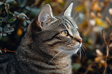 Close up portrait of a tabby cat looking out of a window with blurred foliage in background