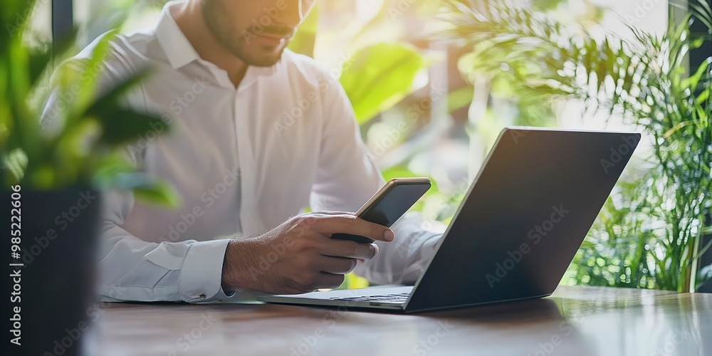 Poster businessman using mobile phone during working on laptop computer with digital tablet on office desk.