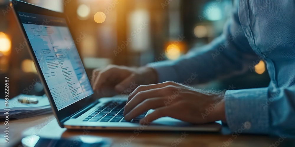 Poster businessman using laptop computer with digital marketing data report on the screen.