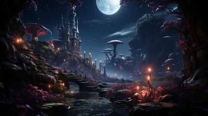 Fototapeta premium Bright moon over magical dark fairy tale forest
