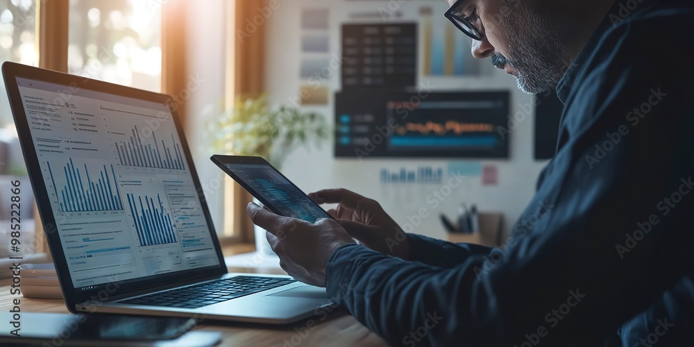 Poster business man using digital tablet analyzes business data, busy working on laptop computer with smart
