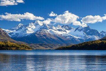 Obraz premium Mountain range reflected in blue lake with white snow and cloudy blue sky