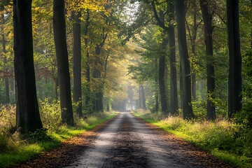 Obraz premium Sunlight shining through trees in a forest path, autumn landscape