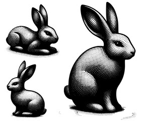 black and white rabbits, silhouette of rabbits, halftone rabbit design elements, black color, no background 