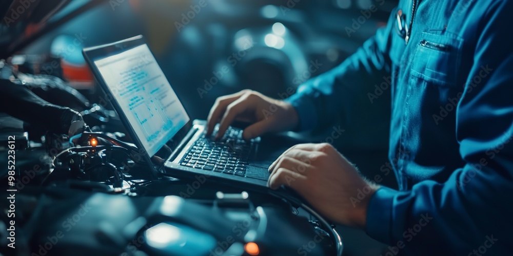 Aufkleber anmechanical technician using laptop computer programming. car maintenance service concept