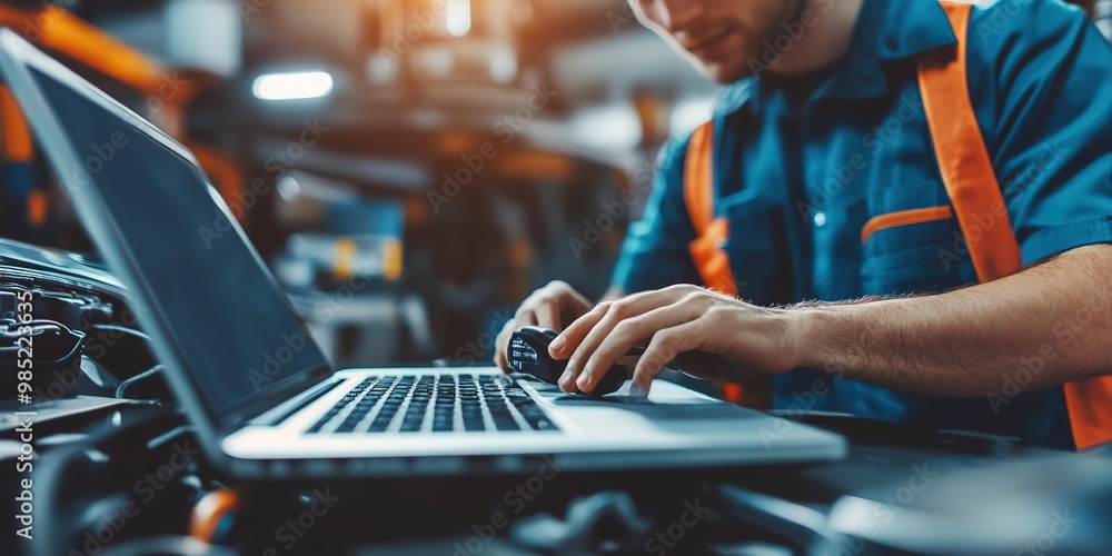 Poster anmechanical technician using laptop computer programming. car maintenance service concept