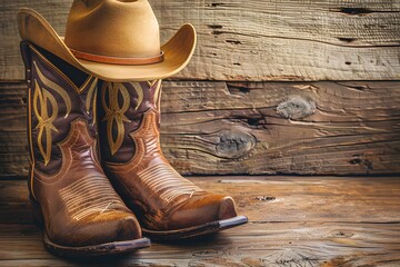 Wild West retro cowboy hat and old leather boots.