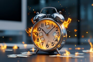 Clock with burning numbers, representing time and money being consumed quickly in a business setting