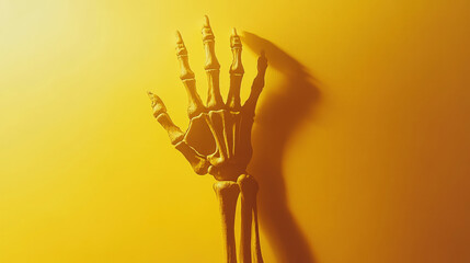 Skeleton Hand Casting Shadow on Pale Yellow Wall, Atmospheric Halloween Lighting Concept