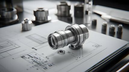 3D Illustration of a Metal Lens on a Sketchbook
