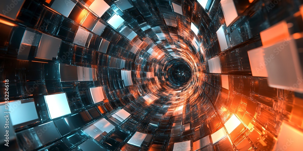 Poster abstract 3d futuristic glowing geometric tunnel background with blocks