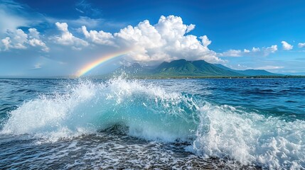 Fototapeta premium Rainbow and Crashing Wave on a Tropical Island