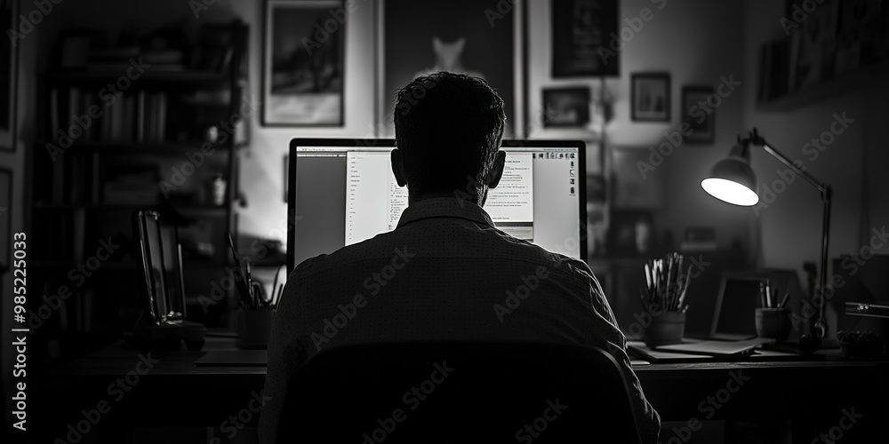 Poster a man is sitting in front of a computer with a laptop open