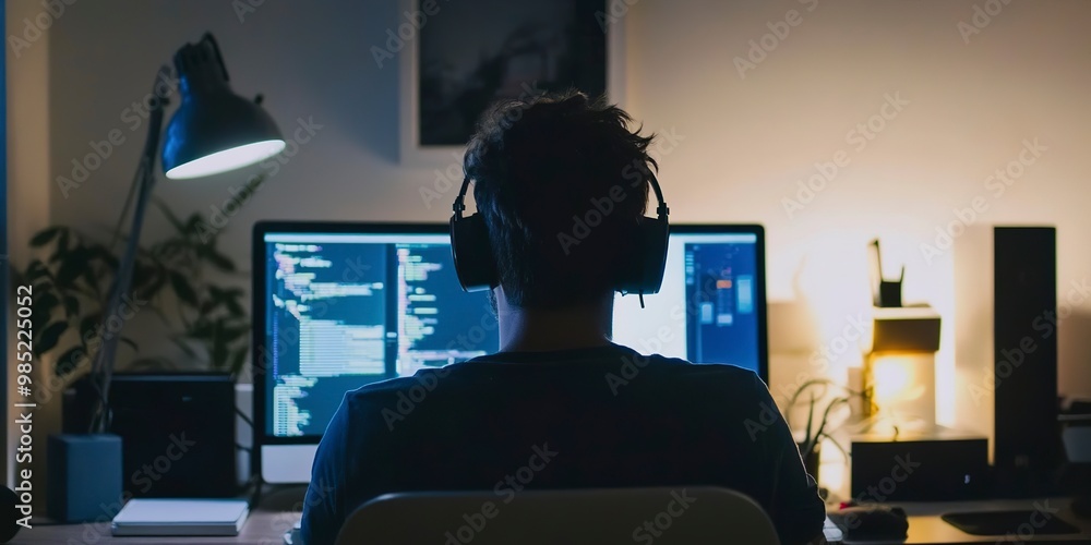Poster a man is sitting in front of a computer with a laptop open