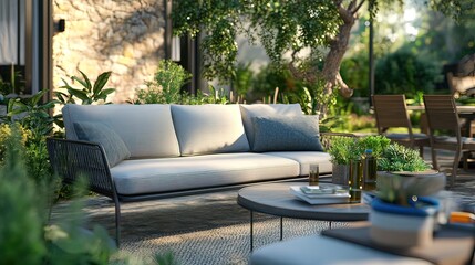 Outdoor Living Space with a  White Sofa and Greenery