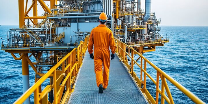 A male petroleum engineer in a field coverall walking or standing on a platform at a large offshore upstream oil and gas rig. 