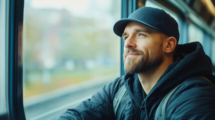 A man with a beard and cap gazes thoughtfully out of a train window, seemingly deep in contemplation during his journey.