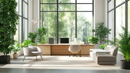A modern business office designed with eco-friendly materials, large windows for natural light, indoor plants, and sustainable furniture, a harmonious blend of technology and nature