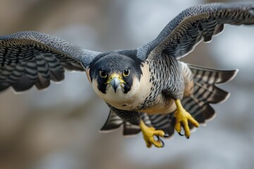Fast flying peregrine falcon in mid-air. Close-up of bird of prey with grey and white spotted plumage. Sharp wing shape, strong feathers, intense gaze.