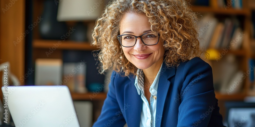 Sticker A businesswoman in a blue suit smiling while working on a laptop at the office. Portrait of a happy middle-aged woman with curly hair wearing glasses using a computer for work or online learning