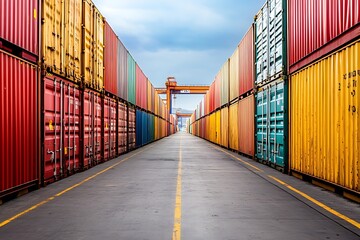 Fototapeta premium Shipping containers stacked in rows at a busy port, global trade and logistics concept