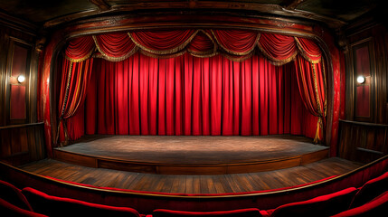 Vintage Theater Stage with Red Curtains and Wooden Seats - Photo