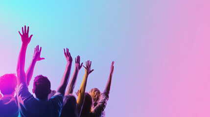 A group of people, silhouetted and bathed in colorful gradients, joyfully raises their hands against a vibrant, pastel-hued background.