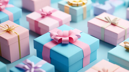 A selection of pastel-colored gift boxes elegantly adorned with ribbons, creating a festive and celebratory atmosphere.