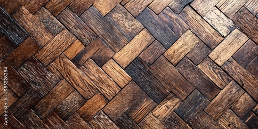 Poster a background of herringbone wood floor with intricate interlocking patterns and a mix of light and d