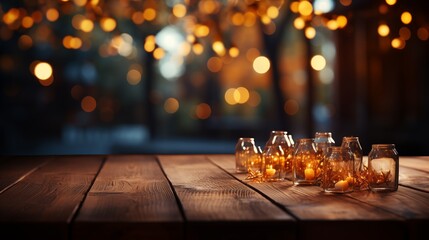 Empty dark wood table top with blurred bright Thanksgiving background.