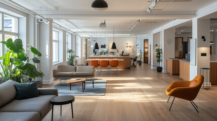 Fototapeta premium Contemporary Swedish business setting, open floor plan, clean and modern design, sleek wooden accents, bright and professional atmosphere