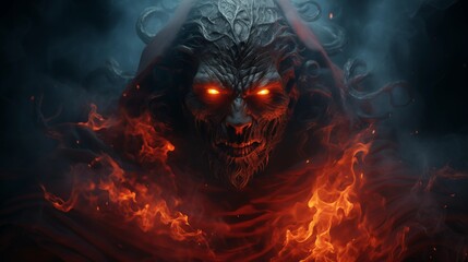 evil face with smoke in the darkness.