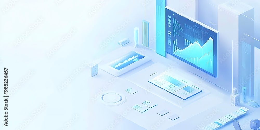 Poster 1d a flat vector illustration of data, charts with a blue color theme, floating on a white backgroun