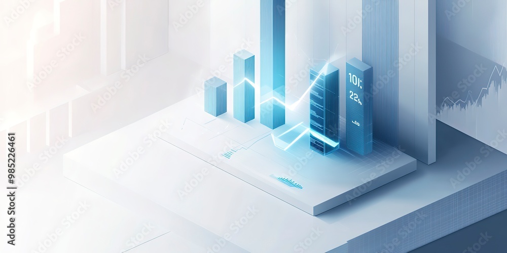 Poster 1d a flat vector illustration of data, charts with a blue color theme, floating on a white backgroun