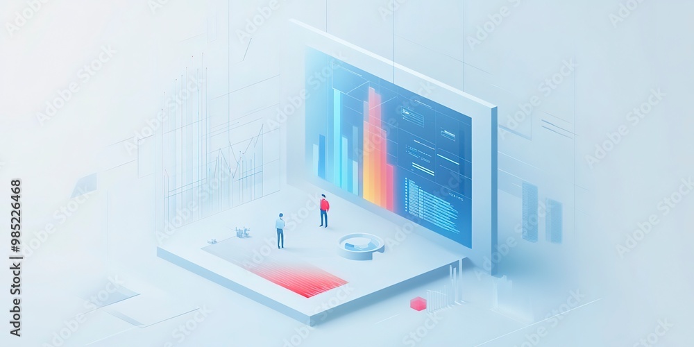 Poster 1d a flat vector illustration of data, charts with a blue color theme, floating on a white backgroun