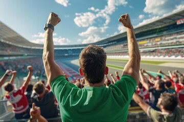 Vibrant scene at a sports event depicts a man in green shirt raising arms in celebration amidst cheering crowd in a large stadium filled with spectators during a motor racing event.