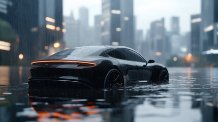 A sleek, black sports car stands in a flooded, rainy urban street, with city skyscrapers visible in...