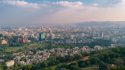 Fototapeta premium Cityscape of Pune, Maharashtra, India from above. Modern skyscrapers, buildings stand in urban landscape. Foggy, hazy atmosphere with smog. Trees, plants in foreground. City downtown area with busy