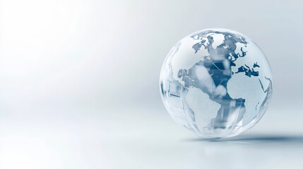 Fototapeta premium A transparent globe with a visible map of the world, floating against a white background, representing global connectivity and international perspective.